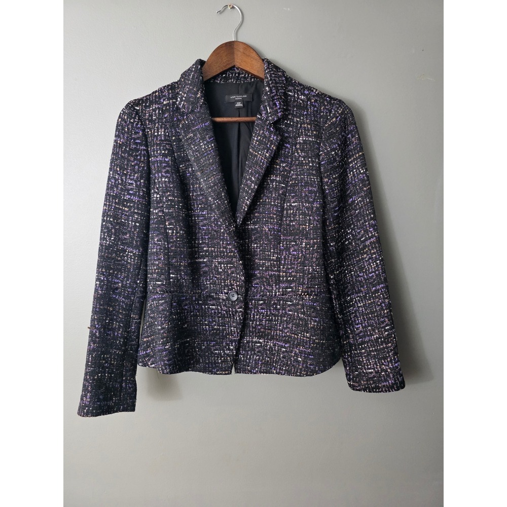 Ann Taylor Petite Tweed Blazer Jacket Black Purple Metallic 12P Single Button